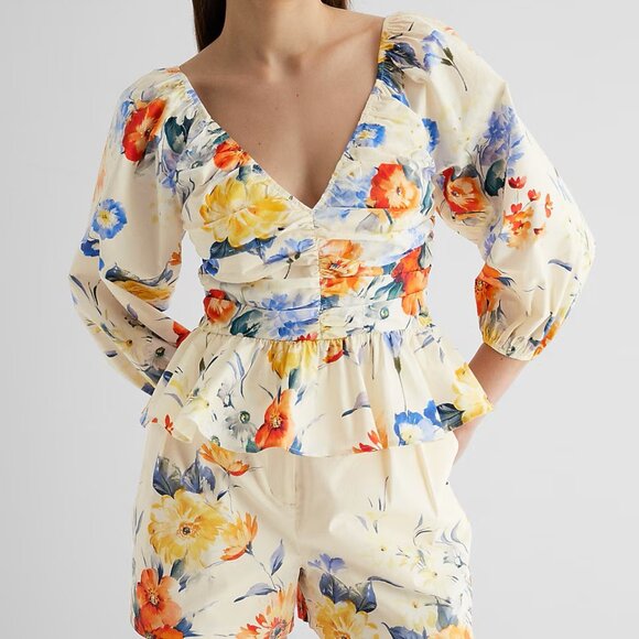Express Tops - Brand New Women Floral V-neck Cotton Top XS